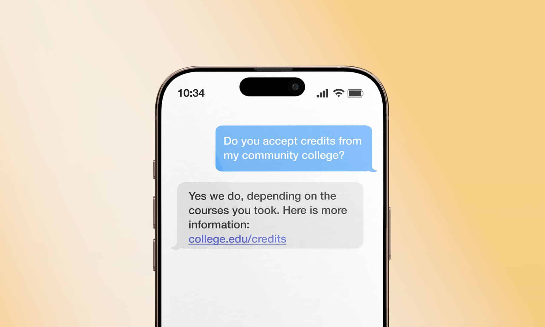 A 2-way text asking and answering questions about admission.