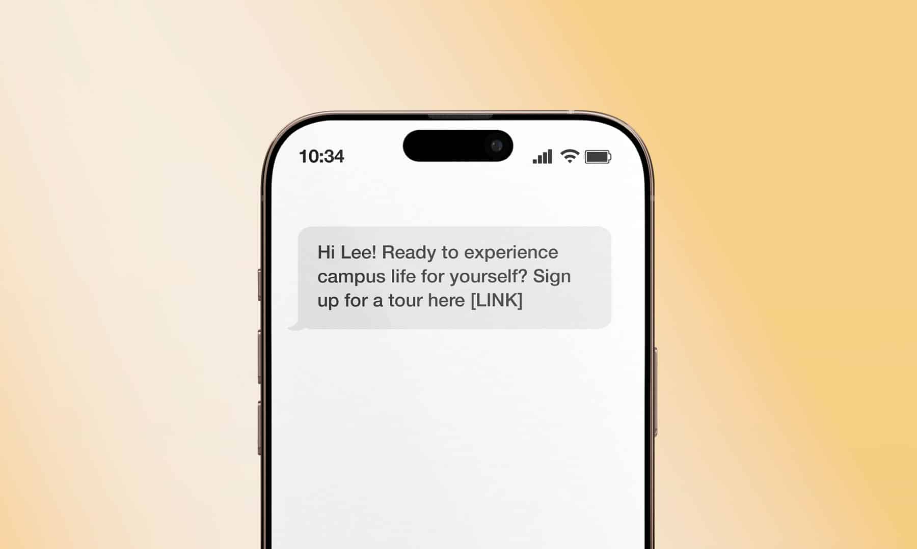 A text message to a prospective student with details about a campus tour