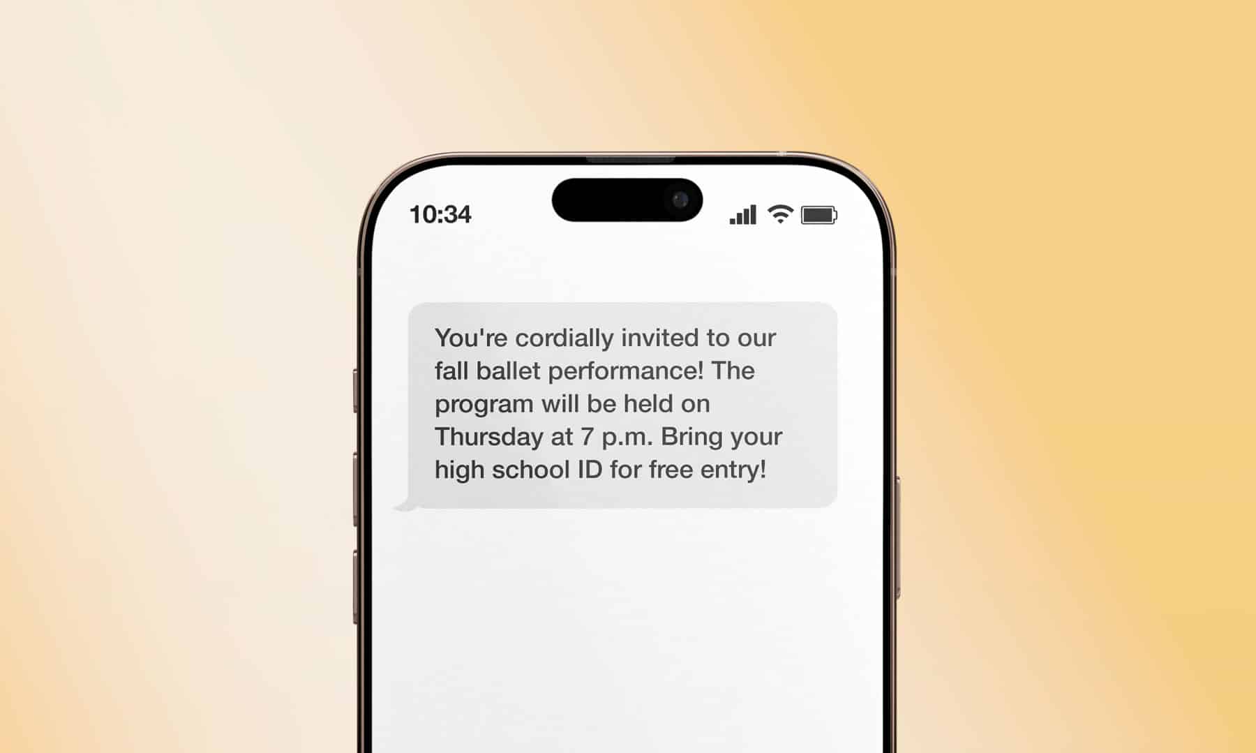 A text message to a student with details about an event.