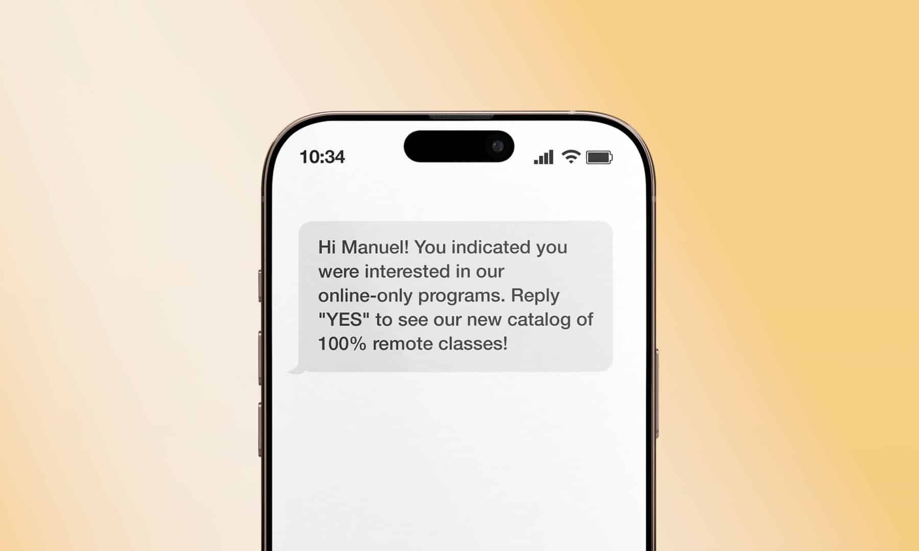 A text message to a student with information about remote classes.