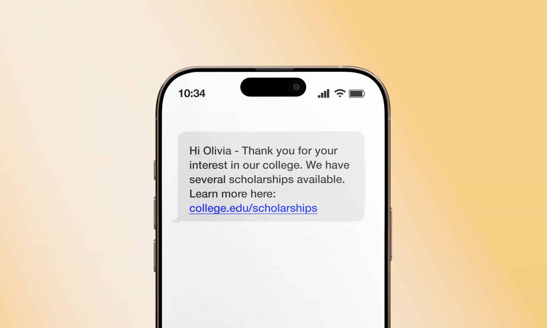 A text message to a student with a link to scholarship opportunities.