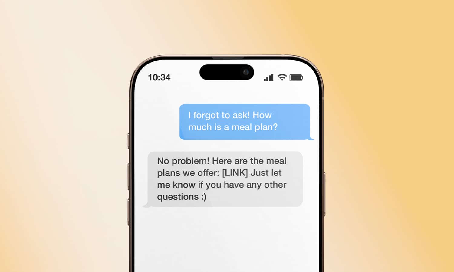 A text message question from a student asking about meal plan options.