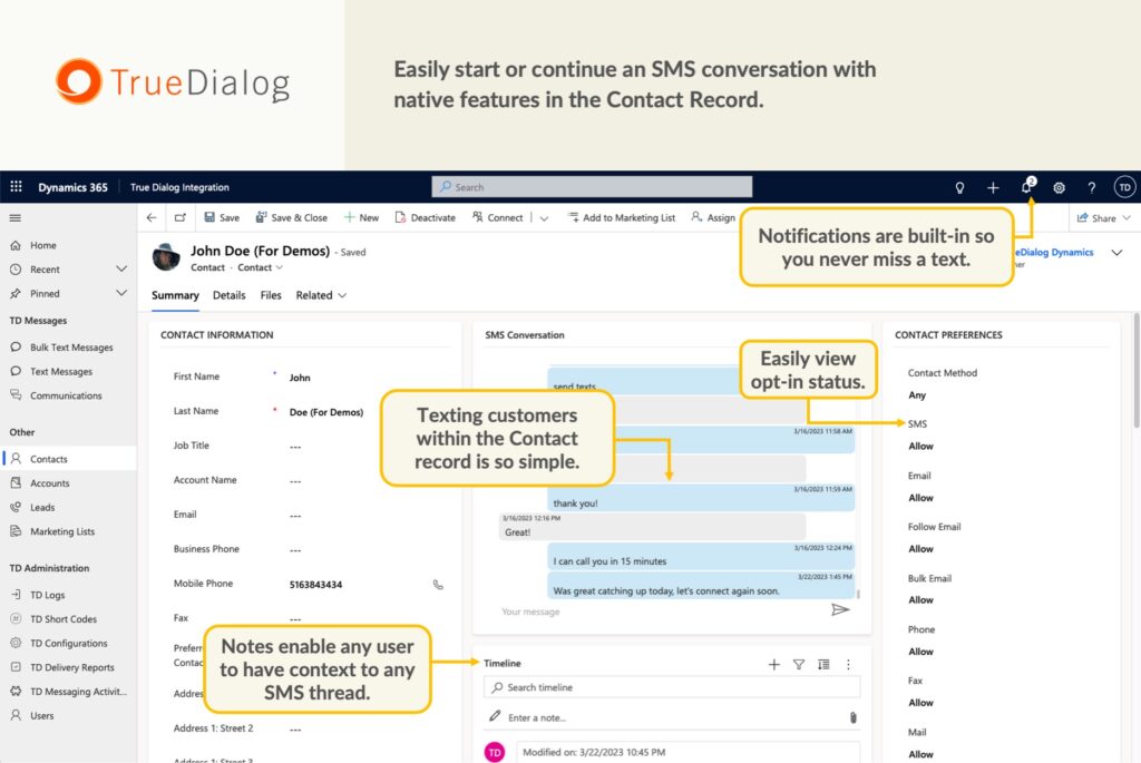 Easily start or continue an SMS conversation with native features in the Contact Record