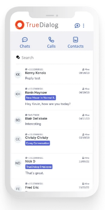 TrueDialog RCS messaging app on a mobile screen
