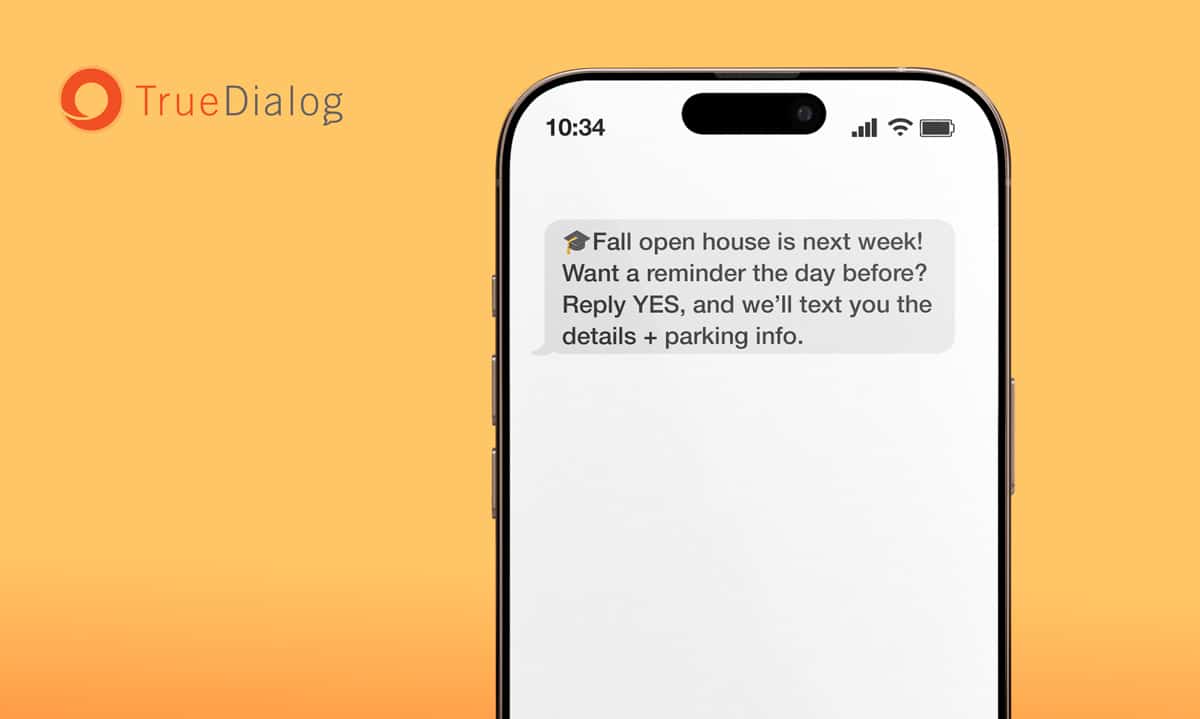 A phone with a promotional text message askiing for an rsvp and offering to send event details, demonstrating a marketing use case.