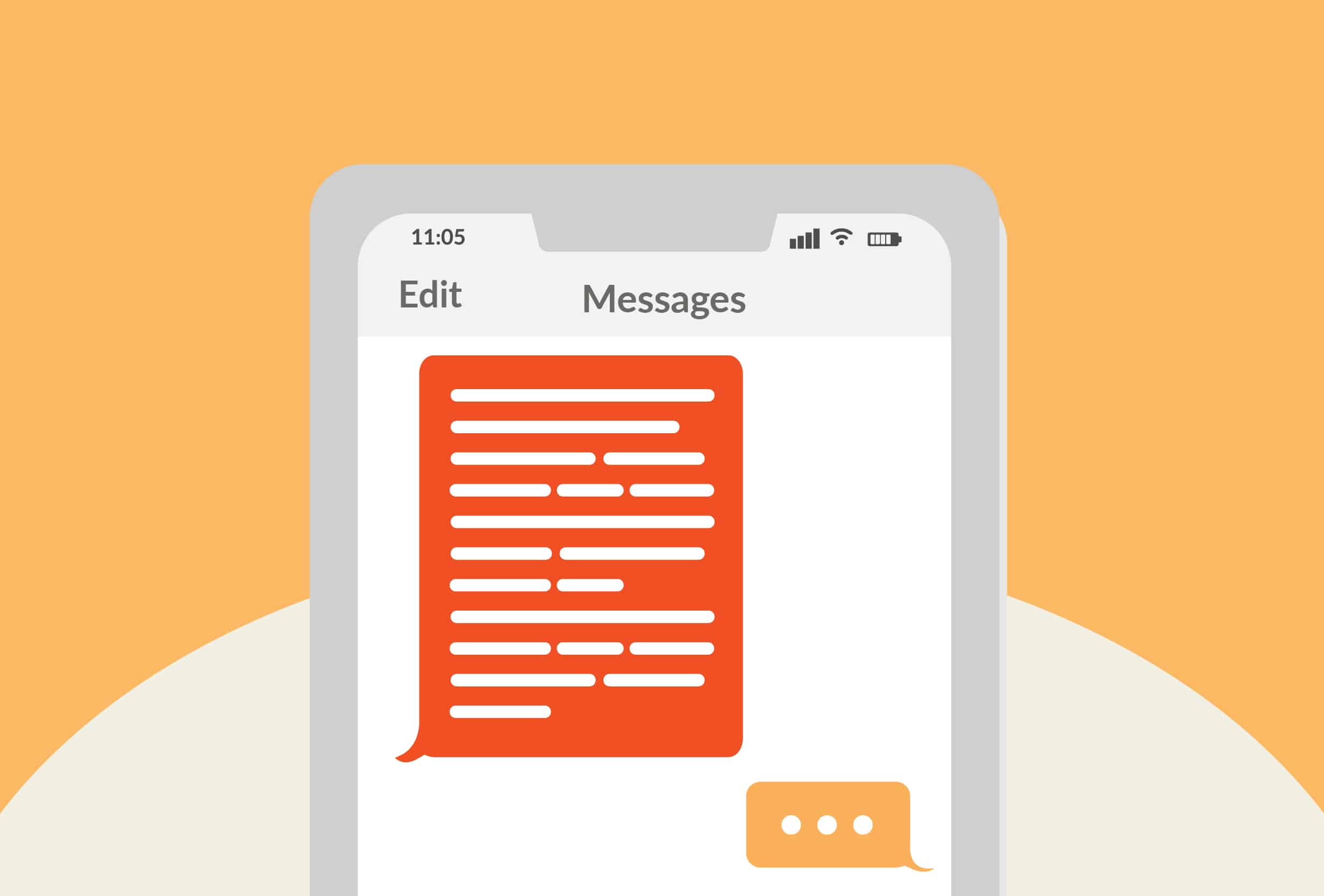A smartphone with a long text message bubble.