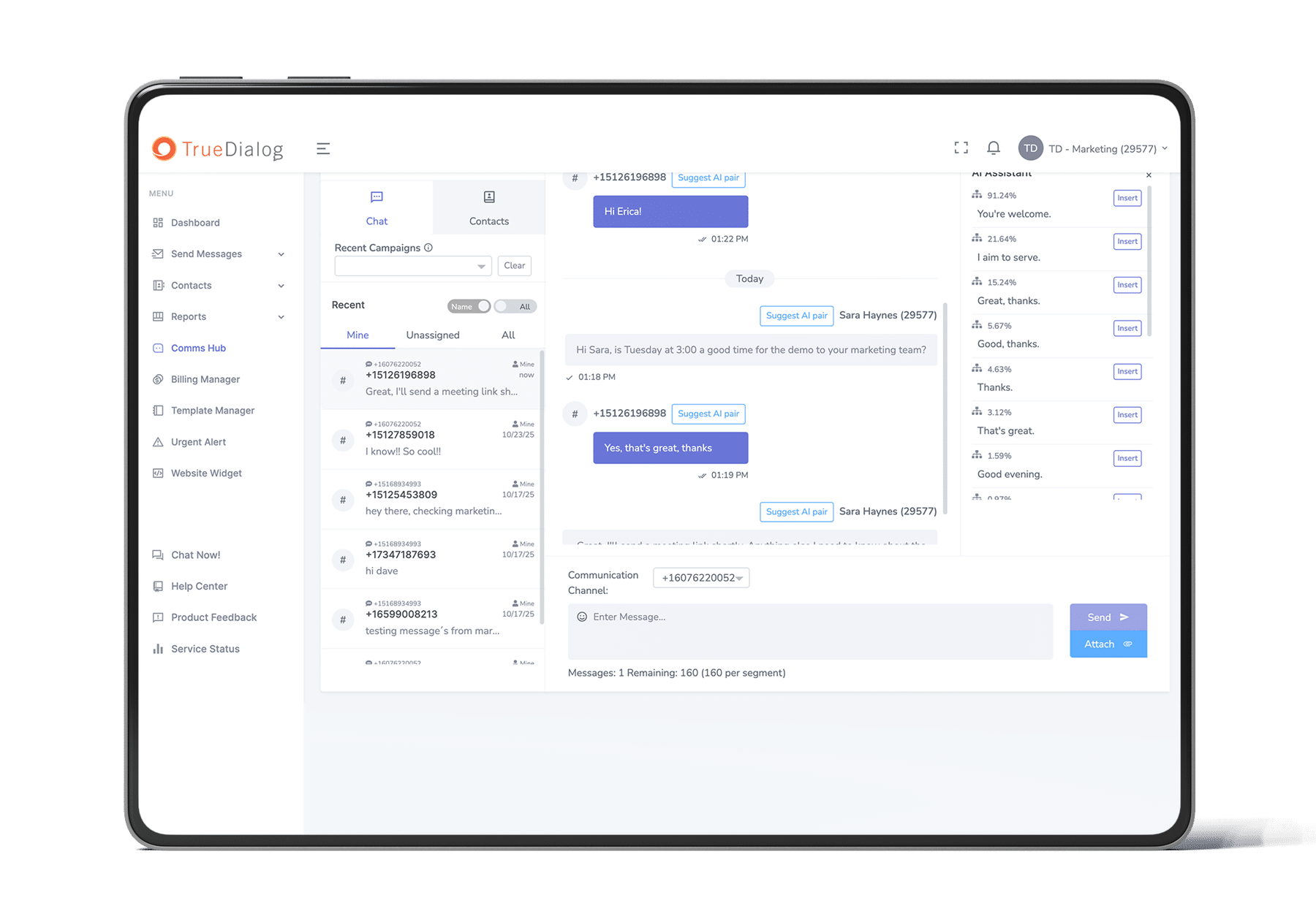 Bulk text messaging campaign setup in TrueDialog using short code