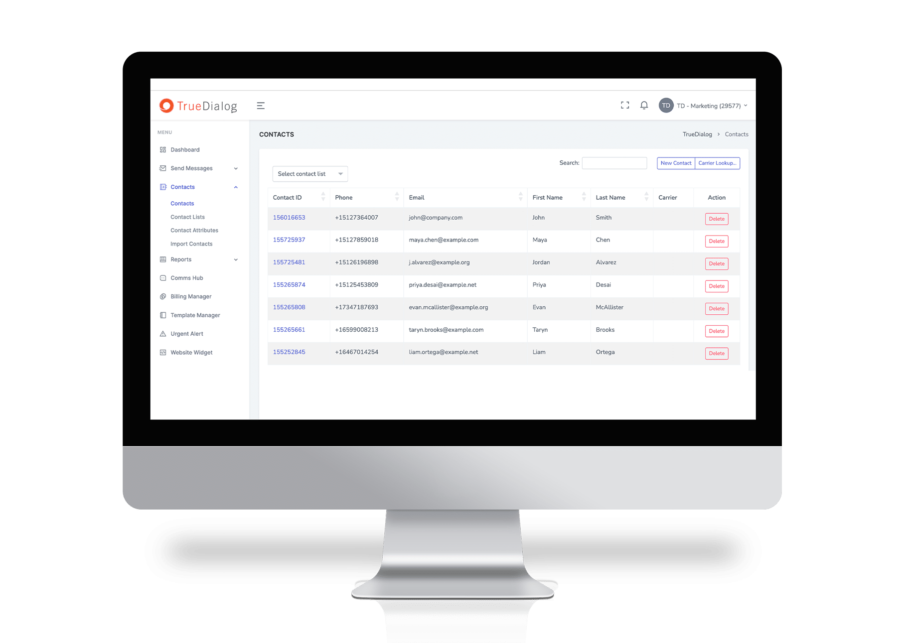 Dashboard showing contact management system