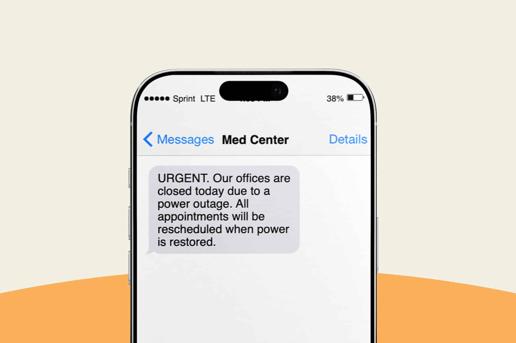 A text message displayed on a phone with an urgent text message that a medical facility is closed due to a power outage.