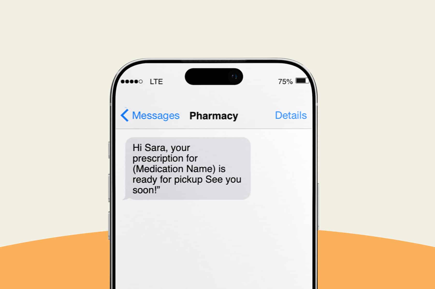 A text message from a pharmacy alerting the patient that her prescription is ready for pickup.