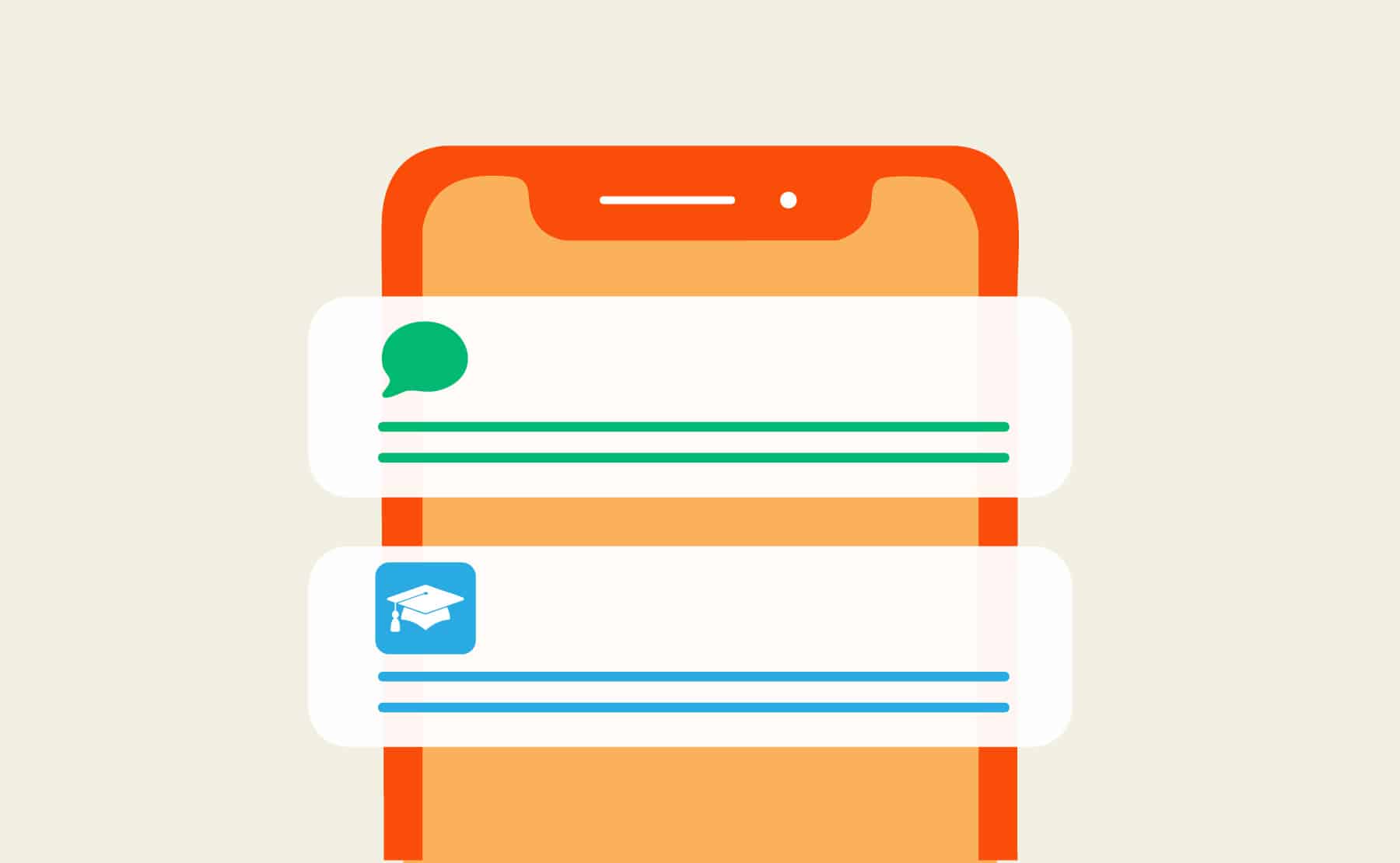 A phone with an illustration of an SMS vs. push notification