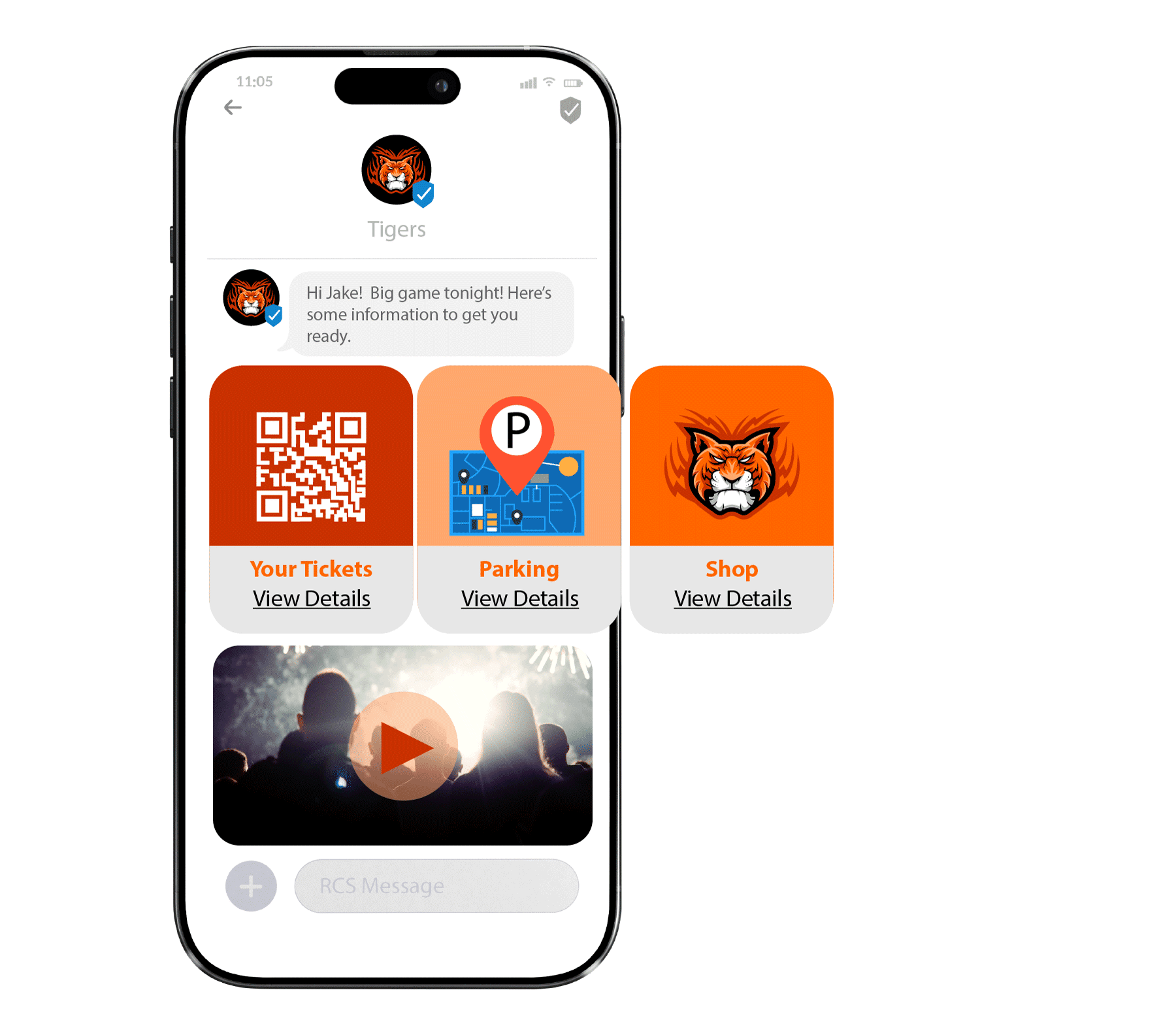 RCS message for a sporting event with links to tickets parking maps and merchandise