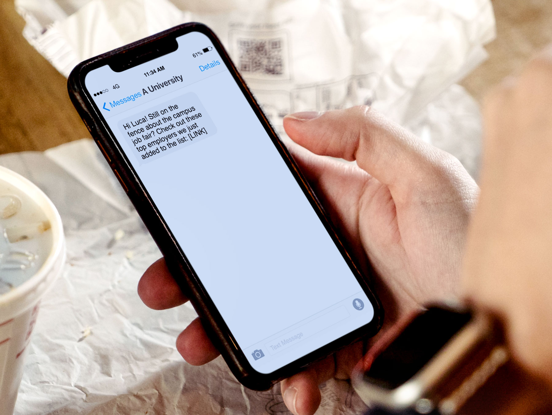 A text message sent as part of a marketing plan for an event at a university