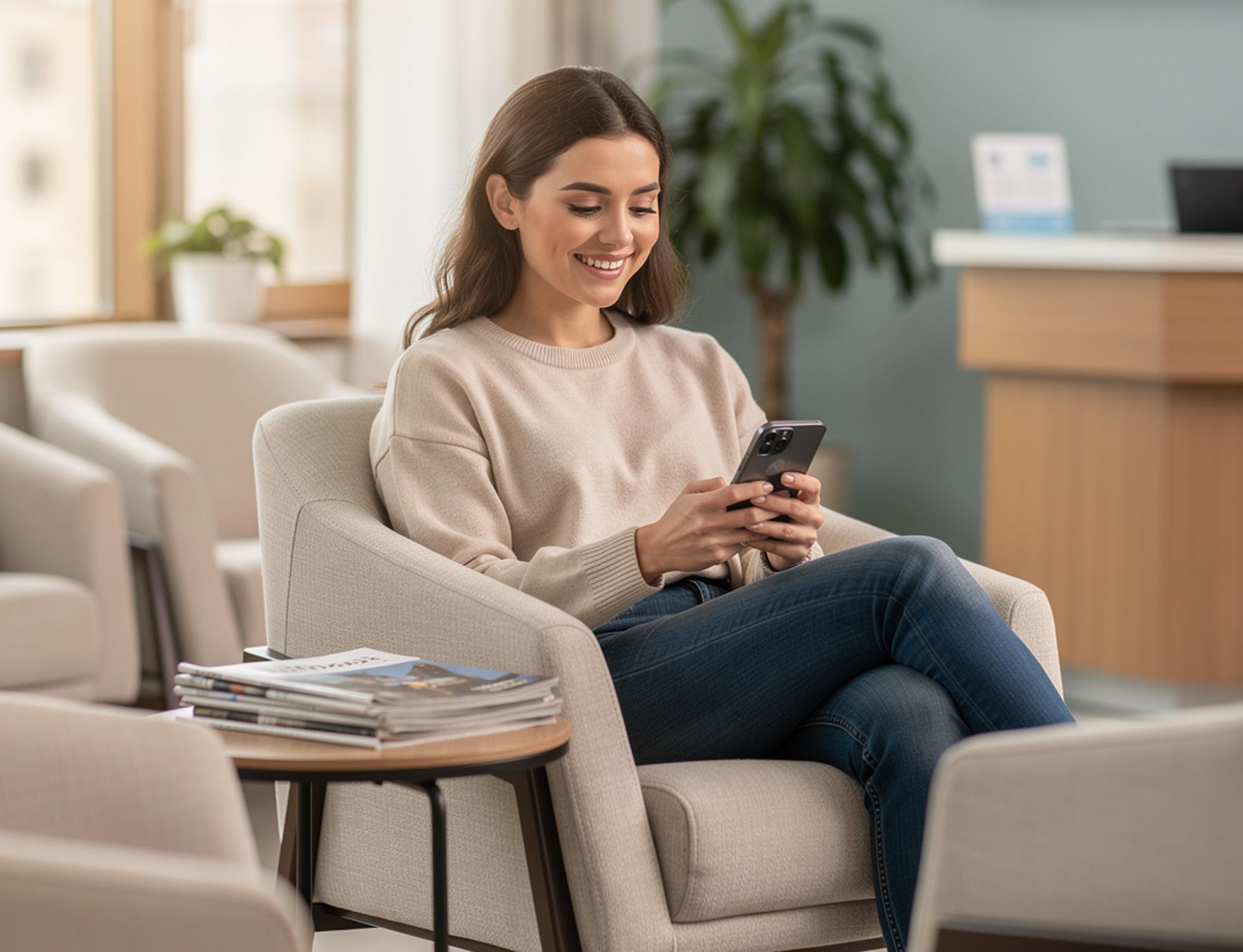 Woman in doctors office waiting room using automated healthcare text message to provide feedback