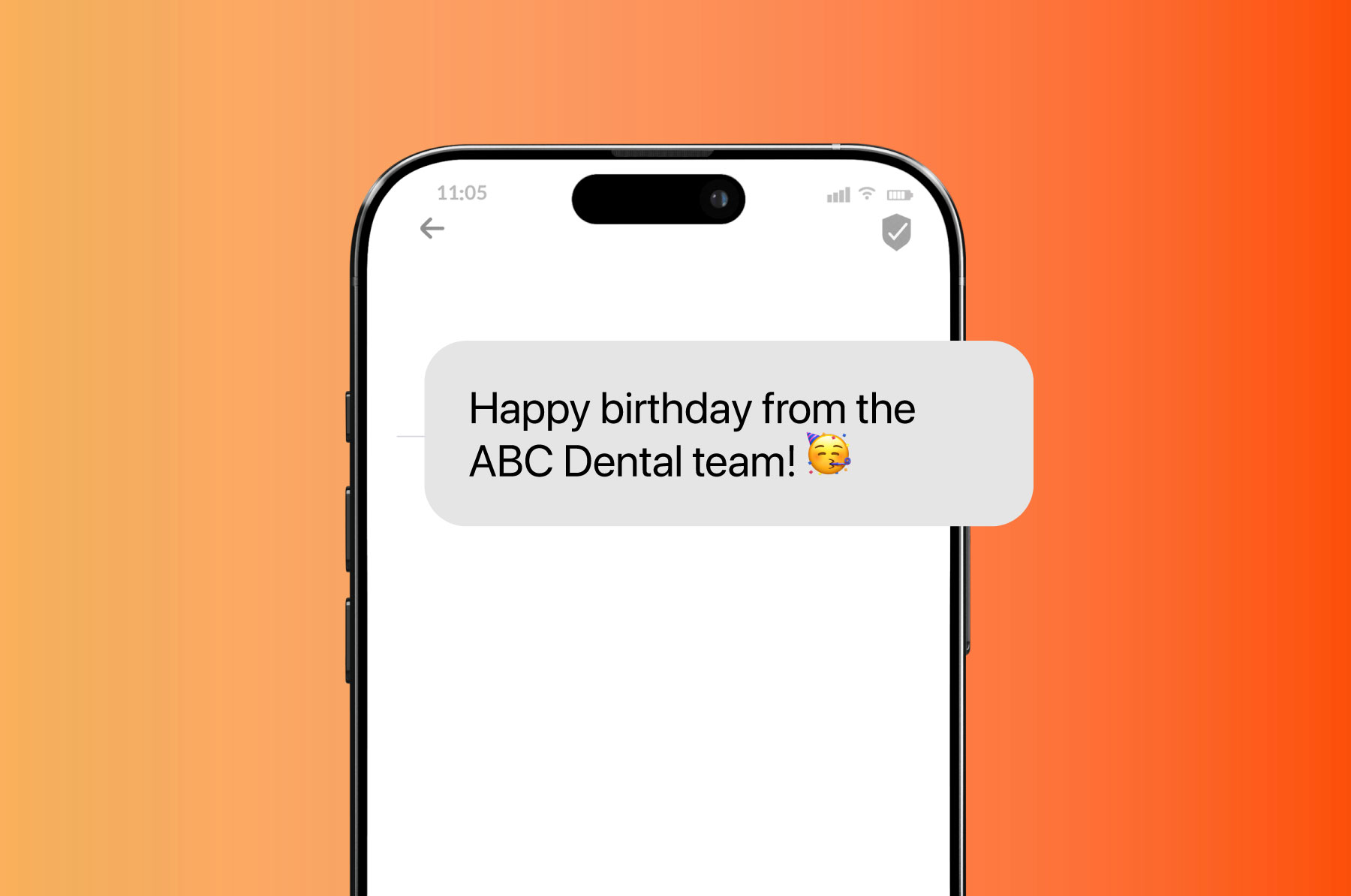 Text message from a dental office with a birthday emoji